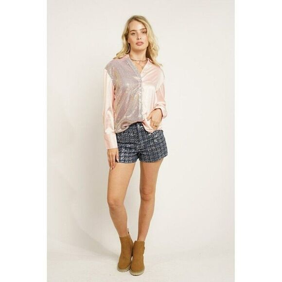 GeeGee Clothing Satin Sequin Button Up Mix Top Shirt in Peach New S-L ST2310 - Picture 4 of 5